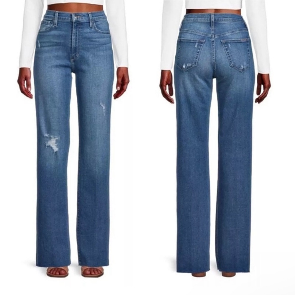 Joe's Jeans High Rise Wide Leg Raw Hem Blue Denim Distressed Belenos Wash Sz 26 - Picture 1 of 8